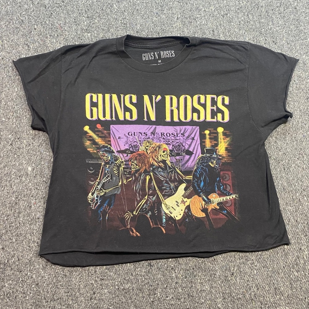 Guns N Roses TShirt Sz M Womens Black Grunge Skater Raw Cut Cropped Band Tee